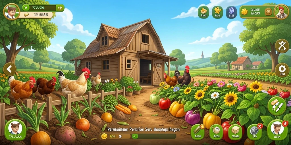 Gameplay 77LUCKS yang mengasyikkan dengan bertani dan merawat hewan.