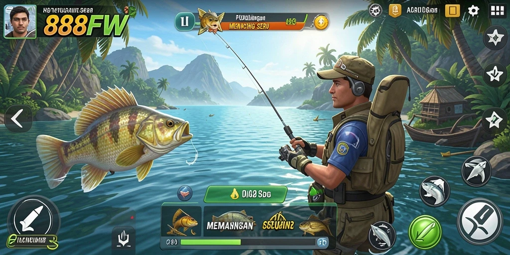 Screenshot utama 888FW menampilkan aksi memancing yang mendebarkan.
