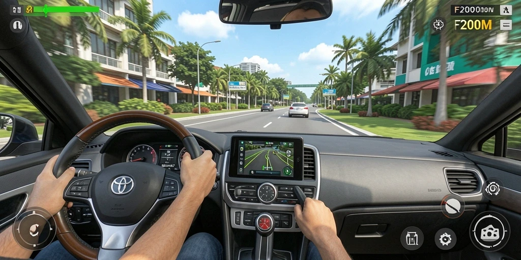 Screenshot gameplay F200M yang menampilkan aksi berkendara realistis.
