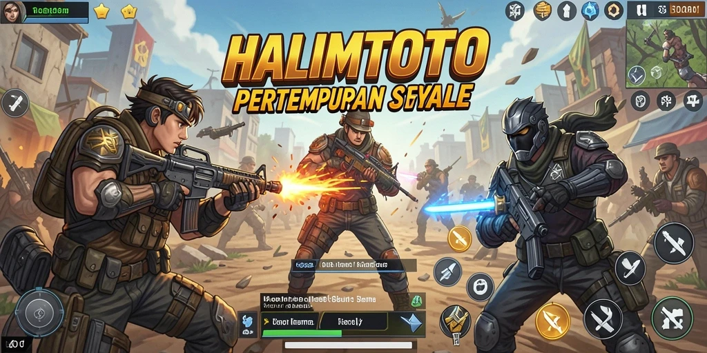 Screenshot HALIMTOTO menampilkan pertempuran intens dalam game Battle Royale.