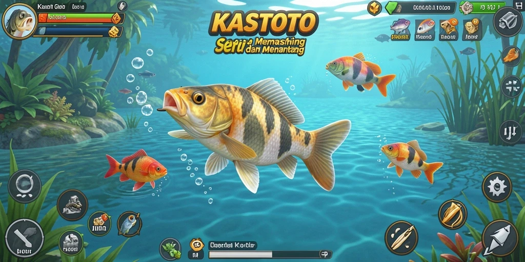 Screenshot gameplay KASTOTO menampilkan aksi memancing yang mendebarkan.