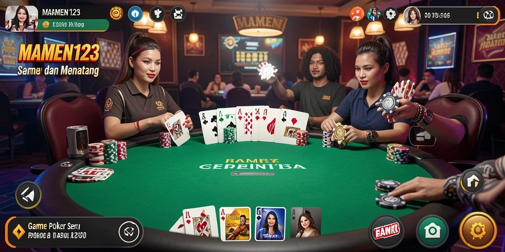 Screenshot gameplay MAMEN123 menunjukkan suasana permainan Poker yang seru.