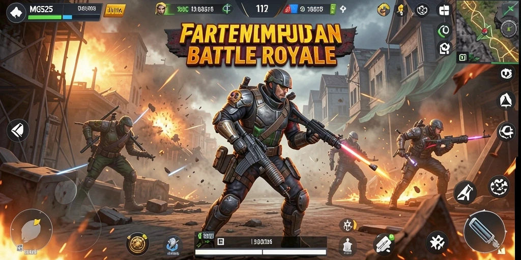 Tampilan gameplay seru dalam pertarungan Battle Royale yang mendebarkan.