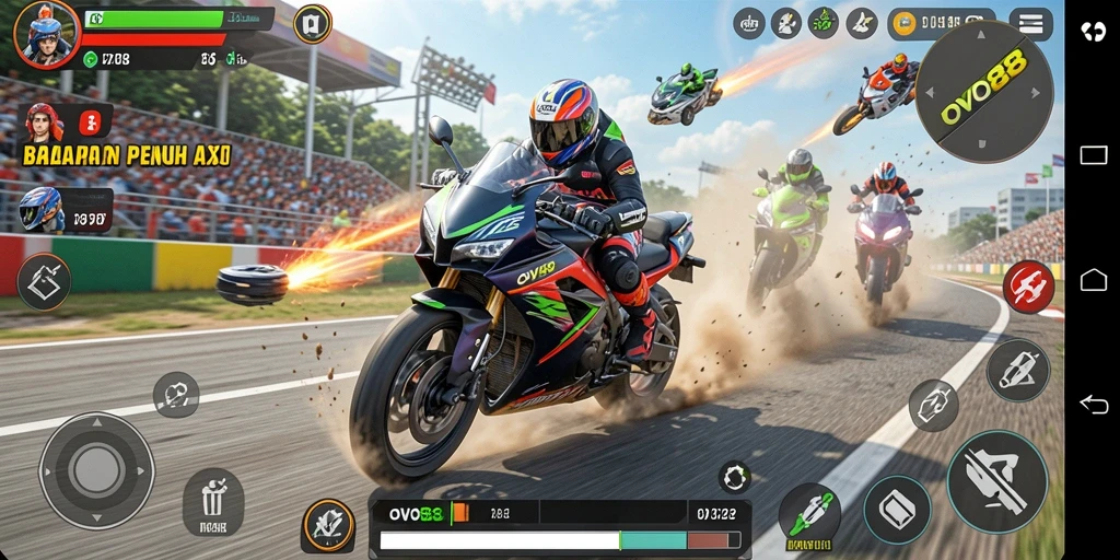 Tampilan gameplay OVO88 dengan aksi balapan motor yang seru.