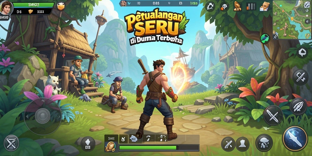 Screenshot gameplay SM605 yang menampilkan petualangan di dunia terbuka.
