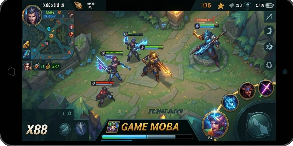 Tangkapan layar utama X88 menampilkan aksi mendebarkan dalam permainan MOBA.